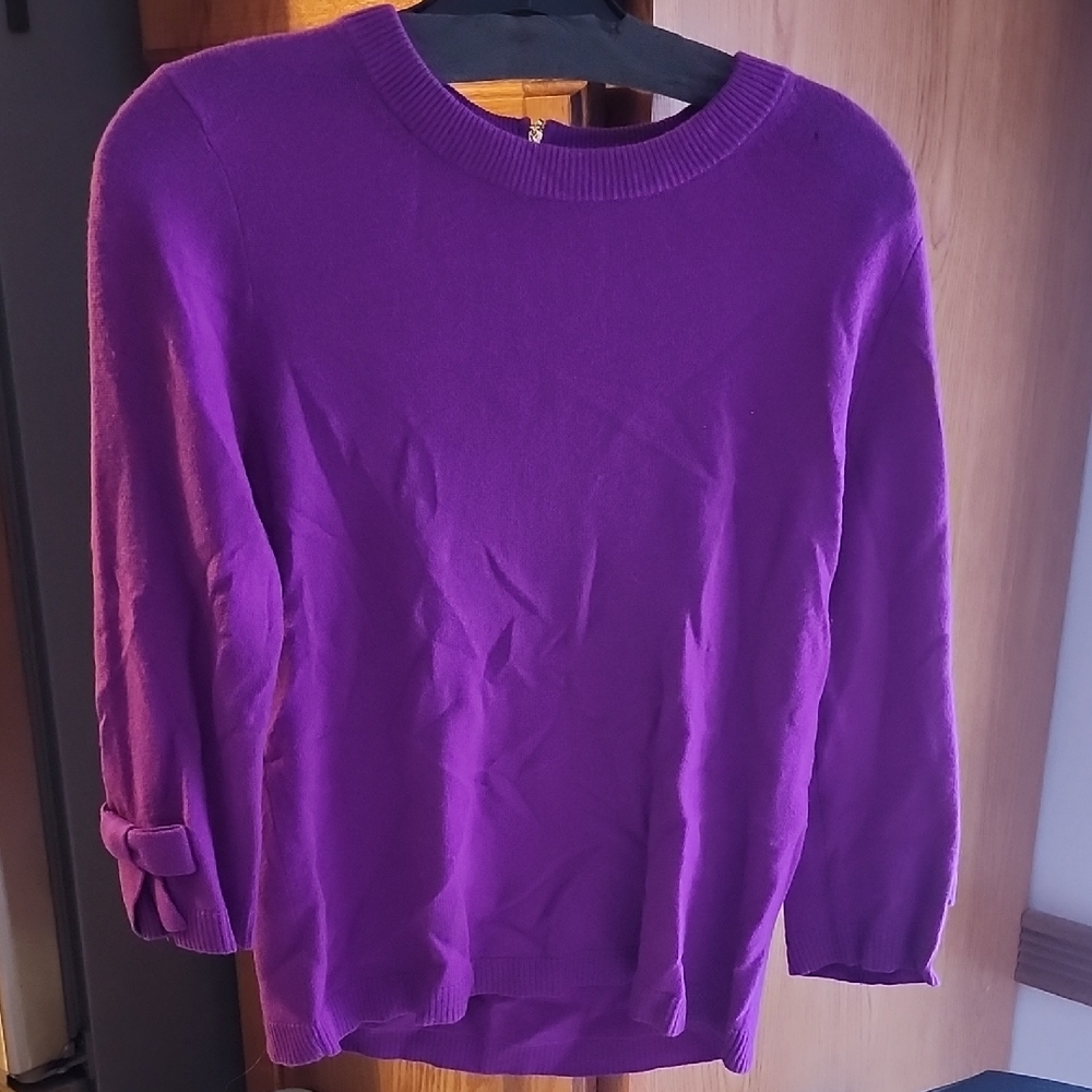 Kate Spade Vibrant Purple Crew Neck Wool Cashmere Sweater Bow Sleeves Small